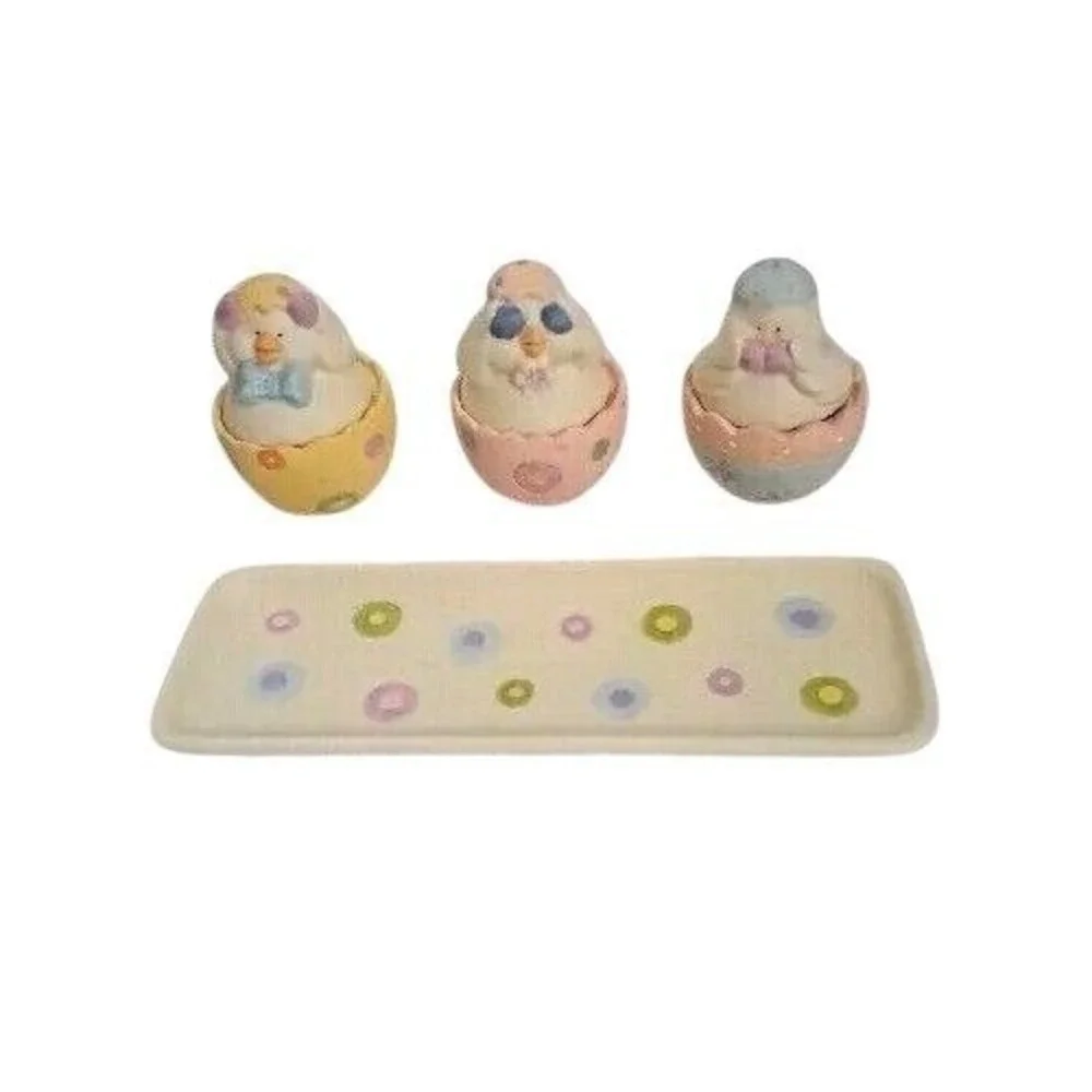 Easter Chicks See Hear Speak No Evil Tea Light Candle Holders Ceramic Set Tray